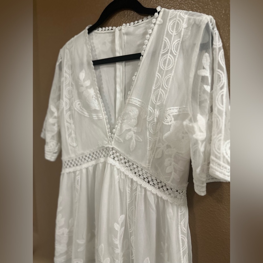 Ivory Floral Embroidered Lace Boho Maxi Dress Deep V-neck Fairycore Cottagcore. - Picture 9 of 14